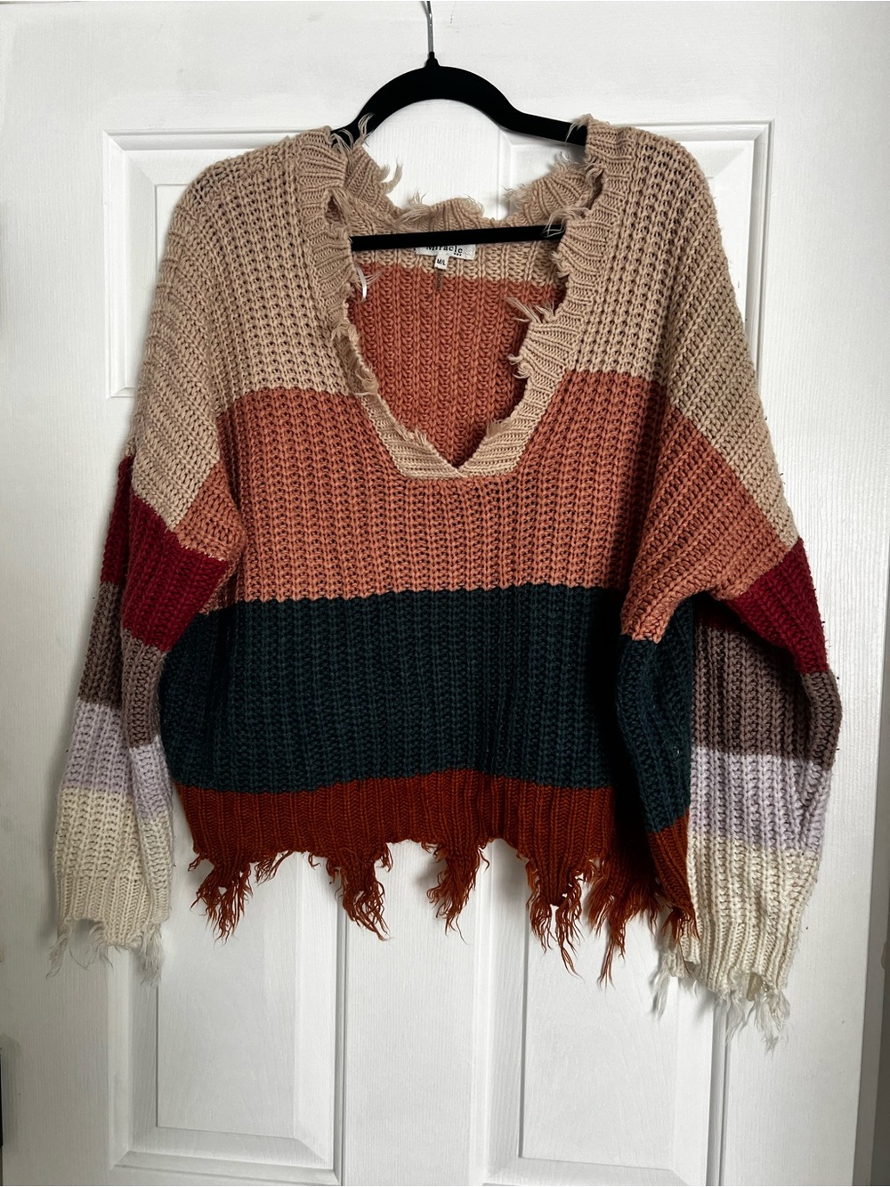 Miracle Brand Distressed V-Neck Striped Sweater - Multi Color
